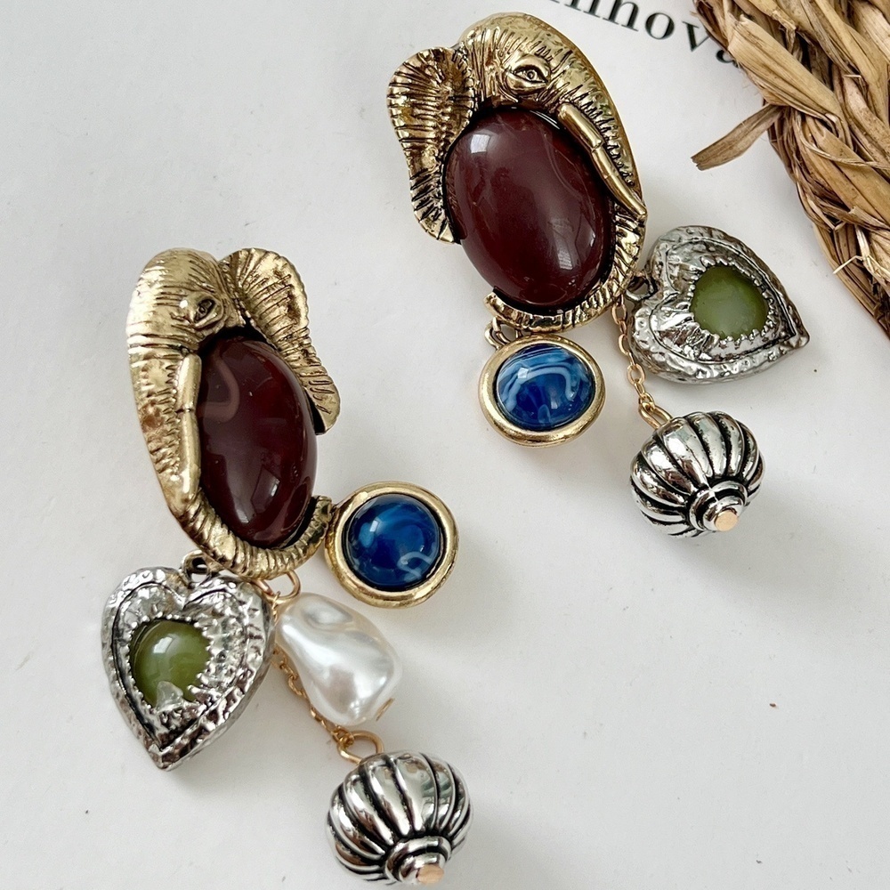 Elephant Gold Dangle Charms earrings Gems Heart Bohemian Womens Jewelry